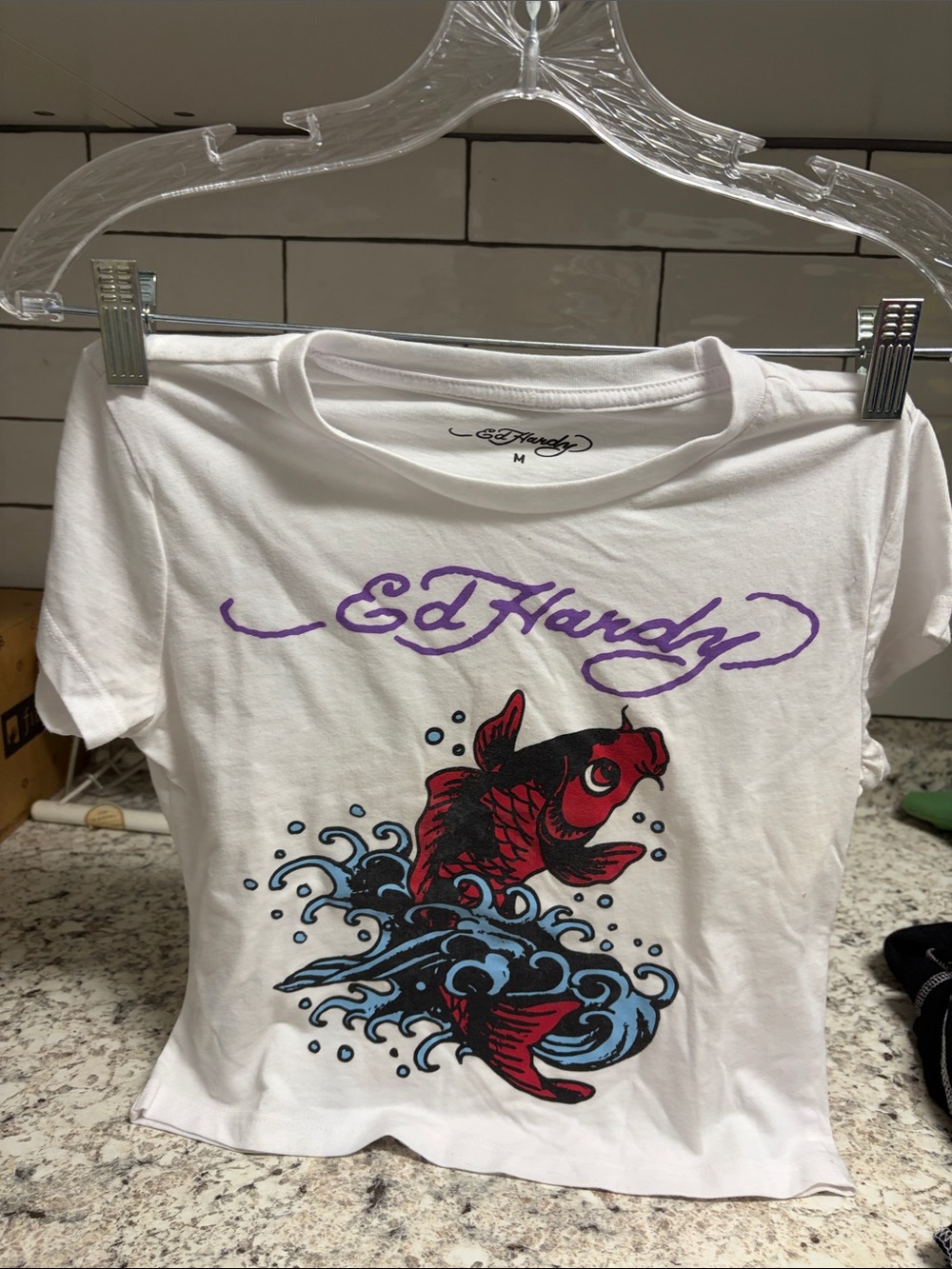 Ed Hardy White Tee with Red & Blue Koi Wave Graphic